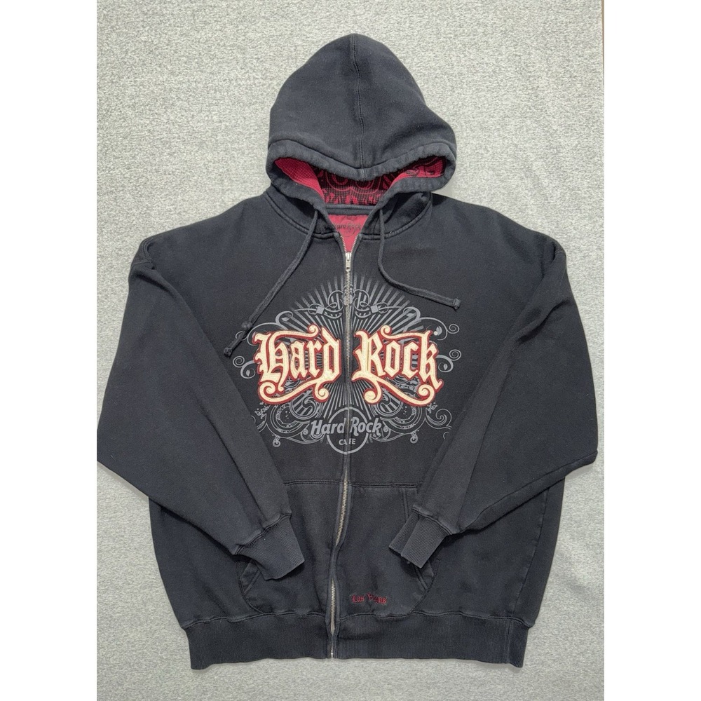 Hard Rock Cafe Men's Hoodie Black Las Vegas Full Zip Y2K Sweatshirt Sz 2XL